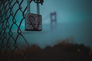 closeup photography of gray heart-printed padlock in gray metal fence